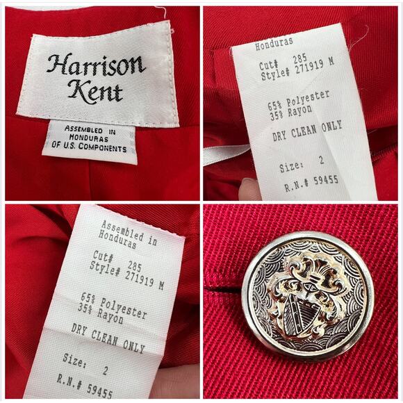 Vintage Harrison Kent Skirt Suit Womens 2 Red Gold-tone Crested Button 2 pc READ - Picture 5 of 14